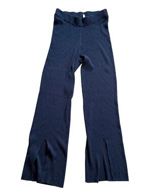 Paper Label Women's Ribbed Pants Sz M Front Slit Hem Flare Lounge Navy Blue